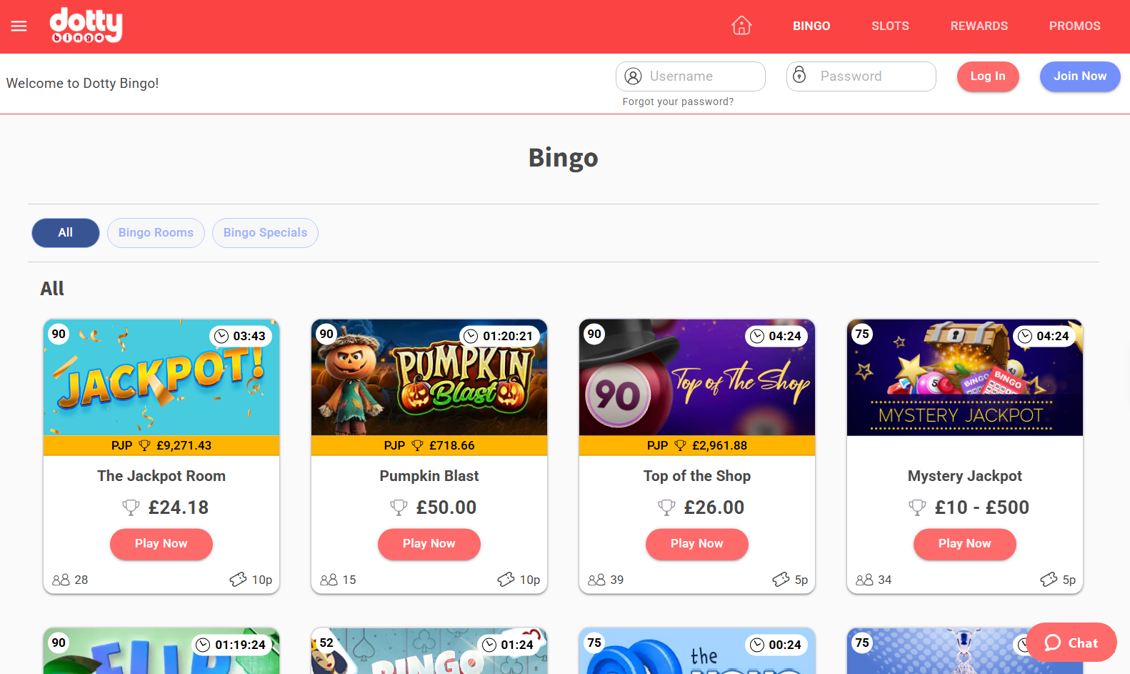 Dotty Bingo review: bingo lobby with The Jackpot Room, Top of the Shop and Mystery Jackpot rooms, £50 bingo bonus on £10