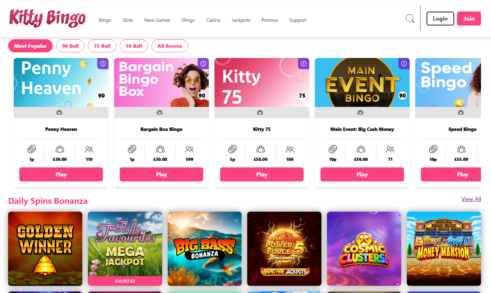 Kitty Bingo review: bingo lobby with Penny Heaven, Kitty 75 and Main Event Big Cash Money rooms, 100 free spins scored 55/100