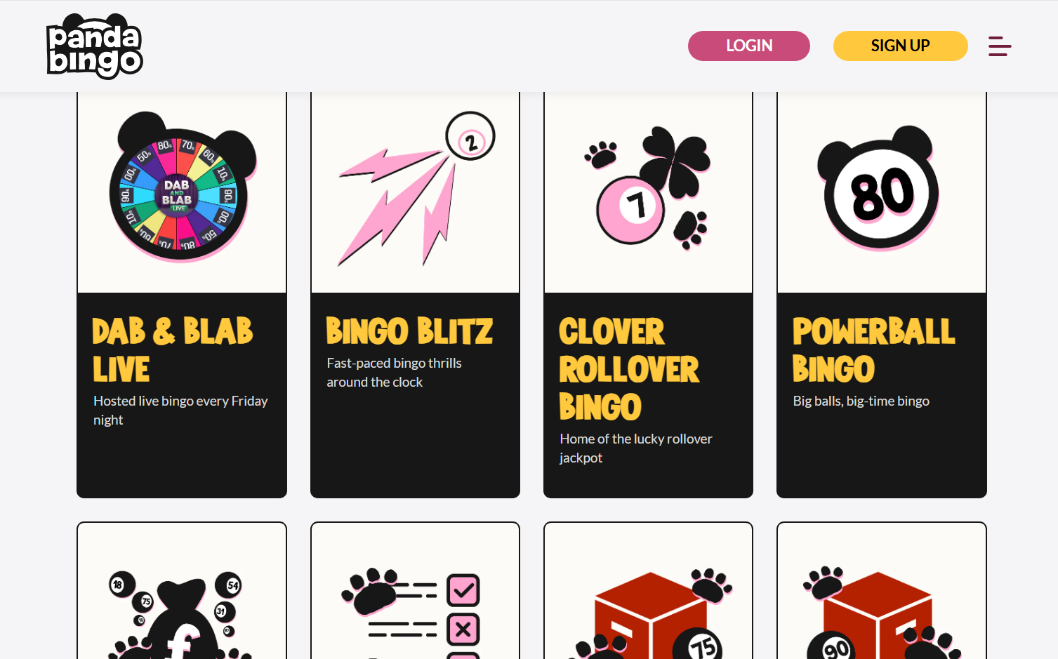 Panda Bingo review: bingo lobby with Dab & Blab Live, Bingo Blitz, Clover Rollover and Powerball Bingo, £40 bingo bonus on £10