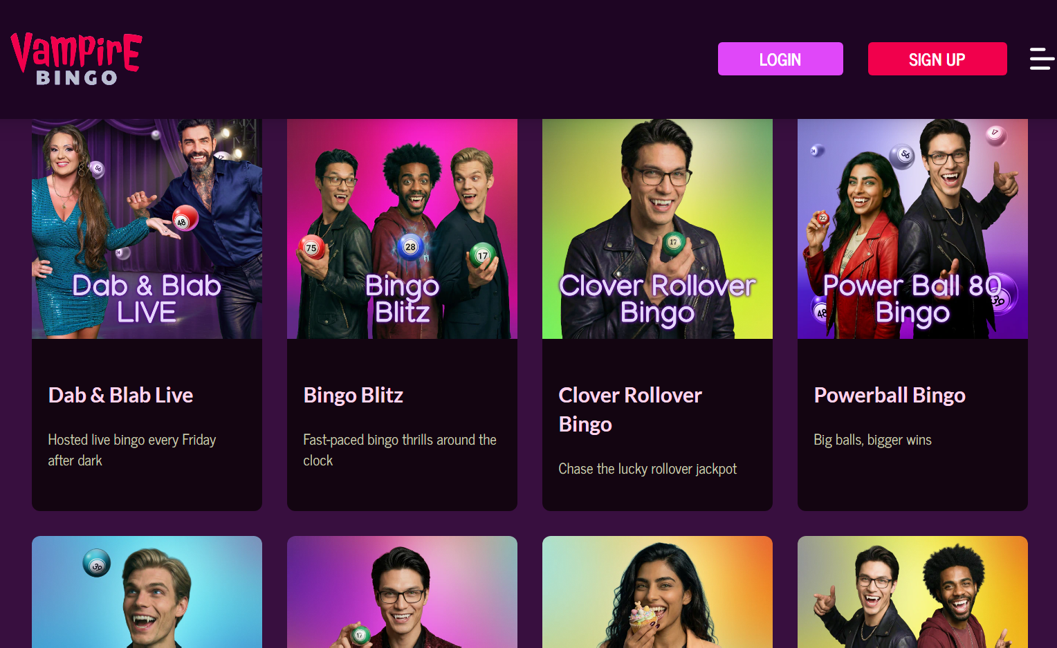 Vampire Bingo review: bingo lobby with Dab & Blab Live, Bingo Blitz, Clover Rollover and Powerball 80 Bingo, £30 bingo bonus on £10