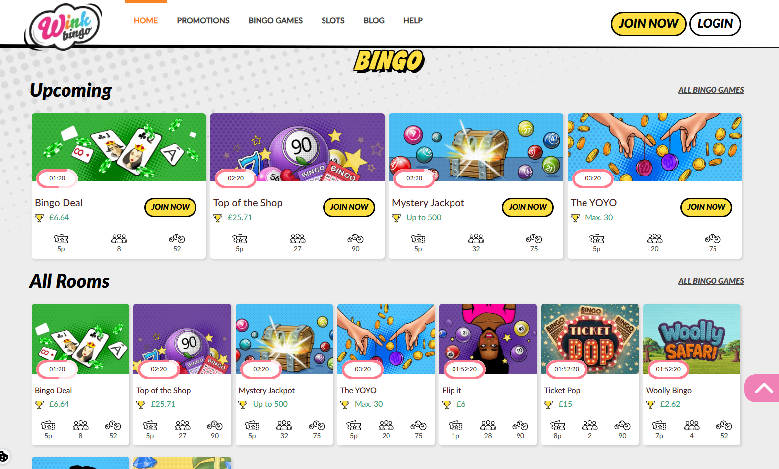 Wink Bingo review: bingo lobby with Bingo Deal, Top of the Shop, Mystery Jackpot and The YOYO rooms, £50 bingo bonus with Promo Code WINK50