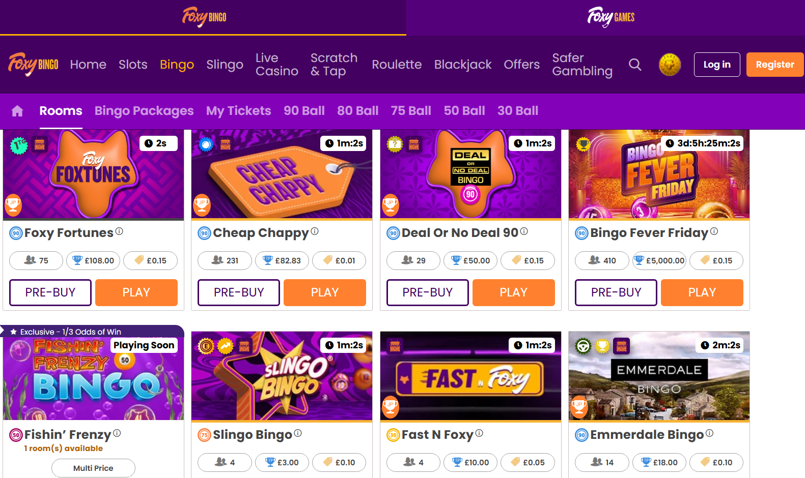 Foxy Bingo review: bingo rooms lobby with Foxy Fortunes, Cheap Chappy and Deal Or No Deal 90, 100 free spins scored 79/100