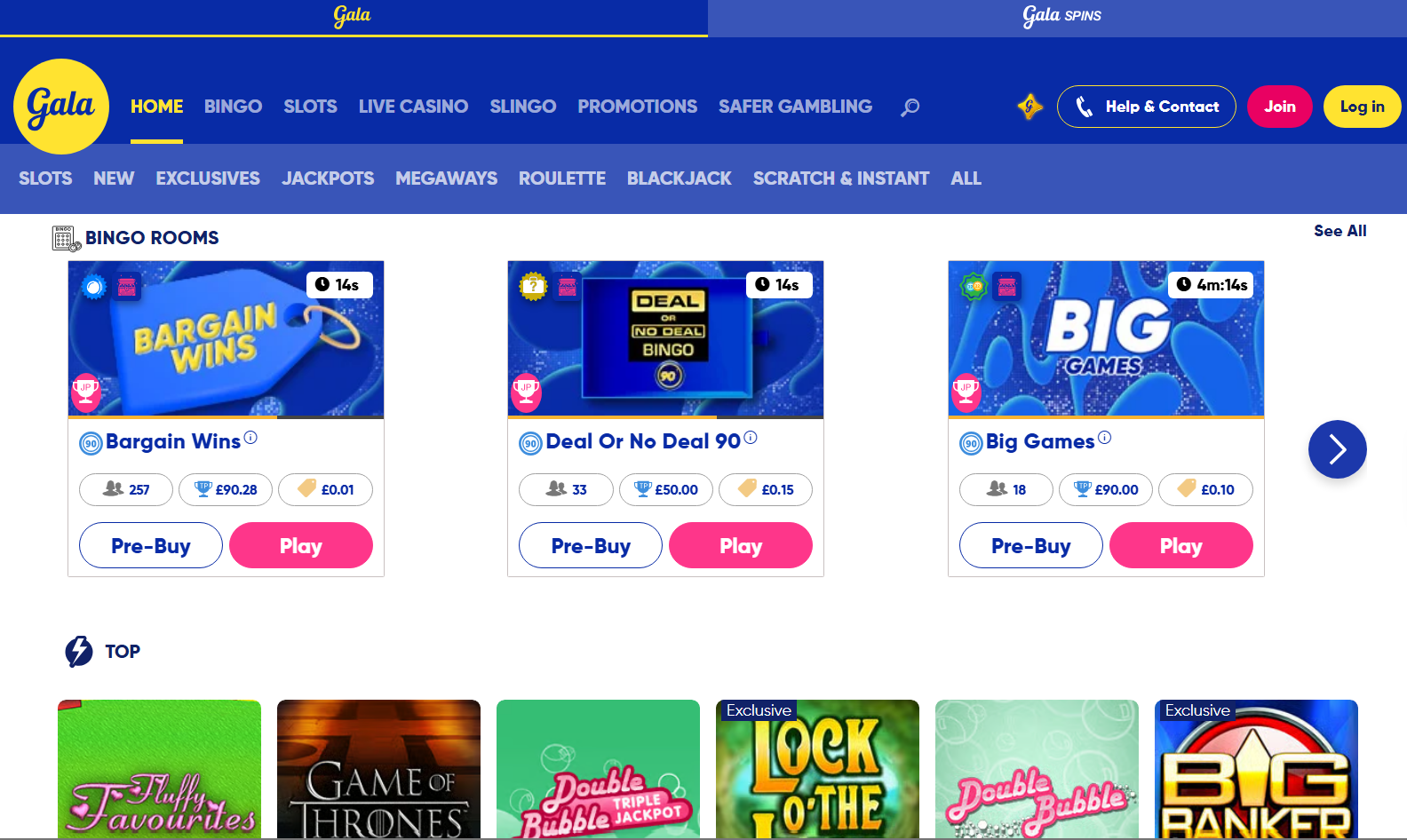 Gala Bingo bingo Promo Codes: bingo lobby screenshot, Spend £10 on slots, get 100 free spins