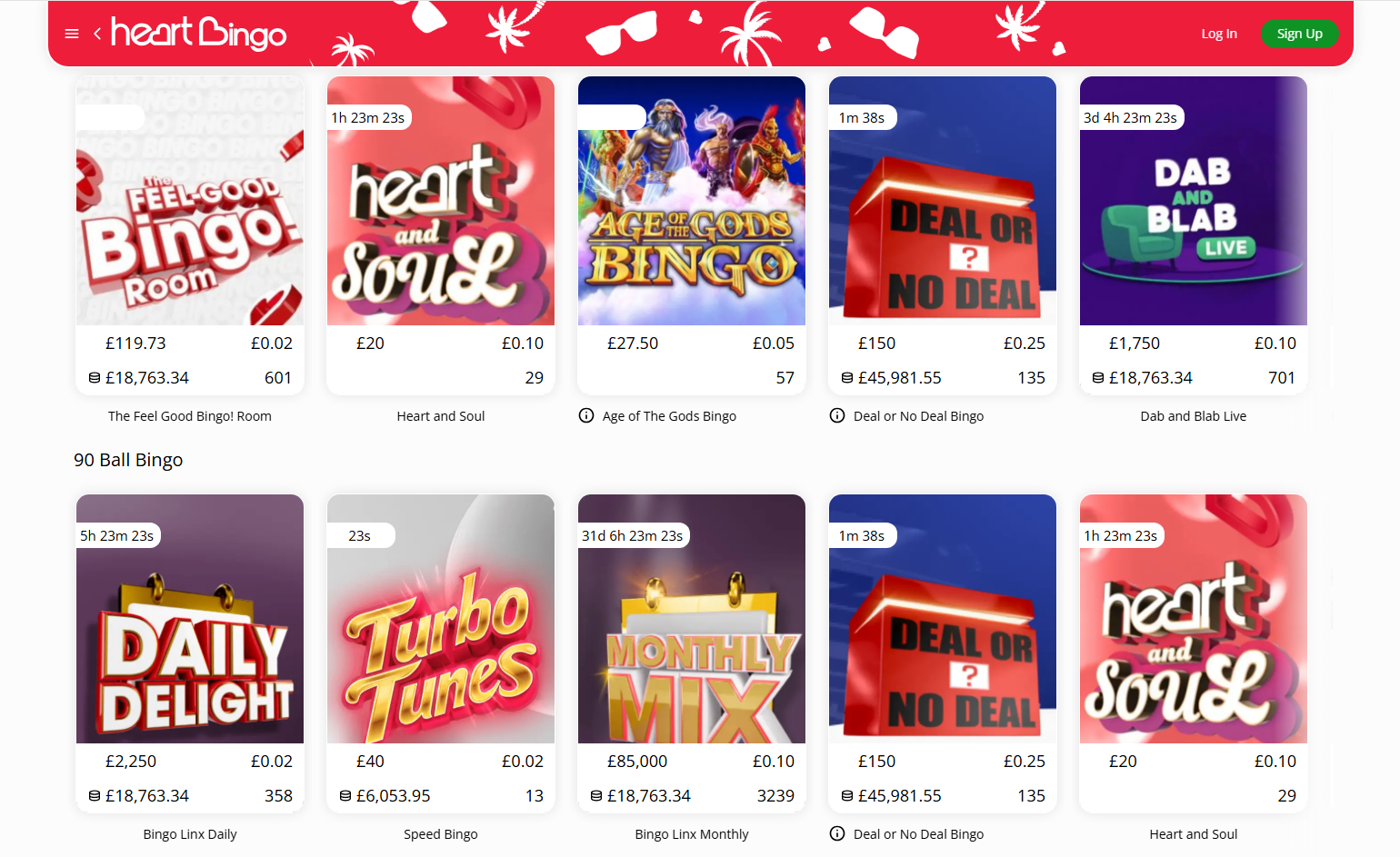 Heart Bingo review: bingo lobby with The Feel-Good Bingo Room, Deal or No Deal and Monthly Mix, 100 free spins scored 75/100