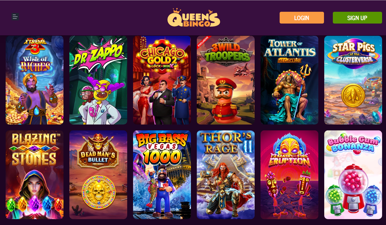 Queen's Bingo review: lobby with slots such as Big Bass Vegas 1000 and Tower of Atlantis, £40 bingo bonus on £10